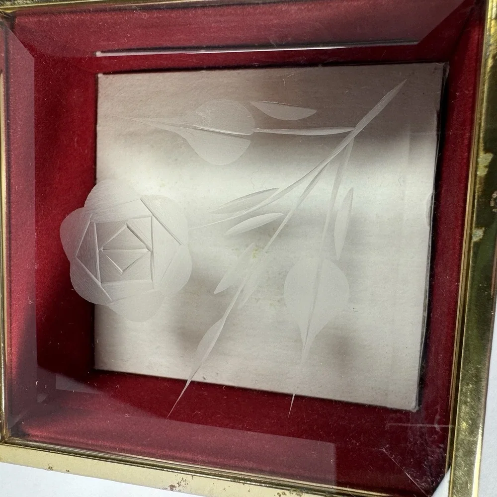 Vintage MELE Beveled Glass Jewelry Trinket Box Etched Rose Red Velvet Taiwan ROC